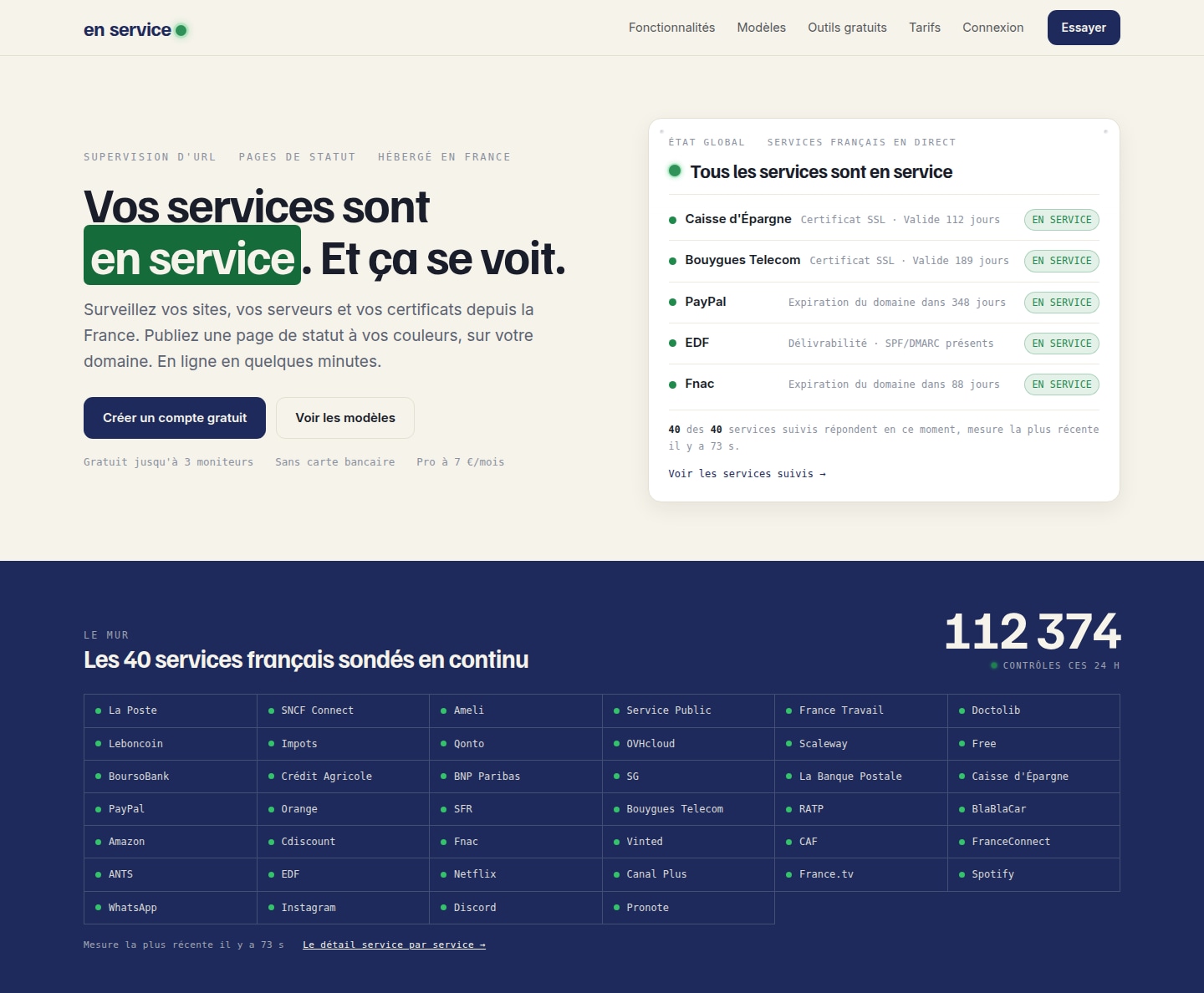 En Service homepage, URL monitoring and status pages hosted in France